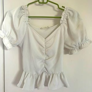 White, fitted blouson blouse, going out, casual w jeans, fun, flirty style